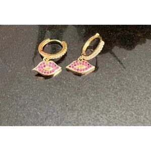 Lip Charm Hoop Earrings 14K Gold Plated CZ Lip Charm Dangle with Gift Box